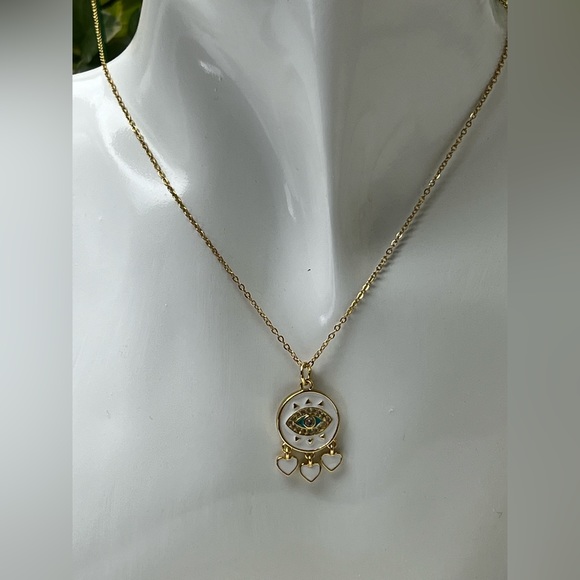 White & Gold Boho Chic Evil Eye Necklace - Delicate Cute Trendy Gold Necklace - Picture 3 of 7
